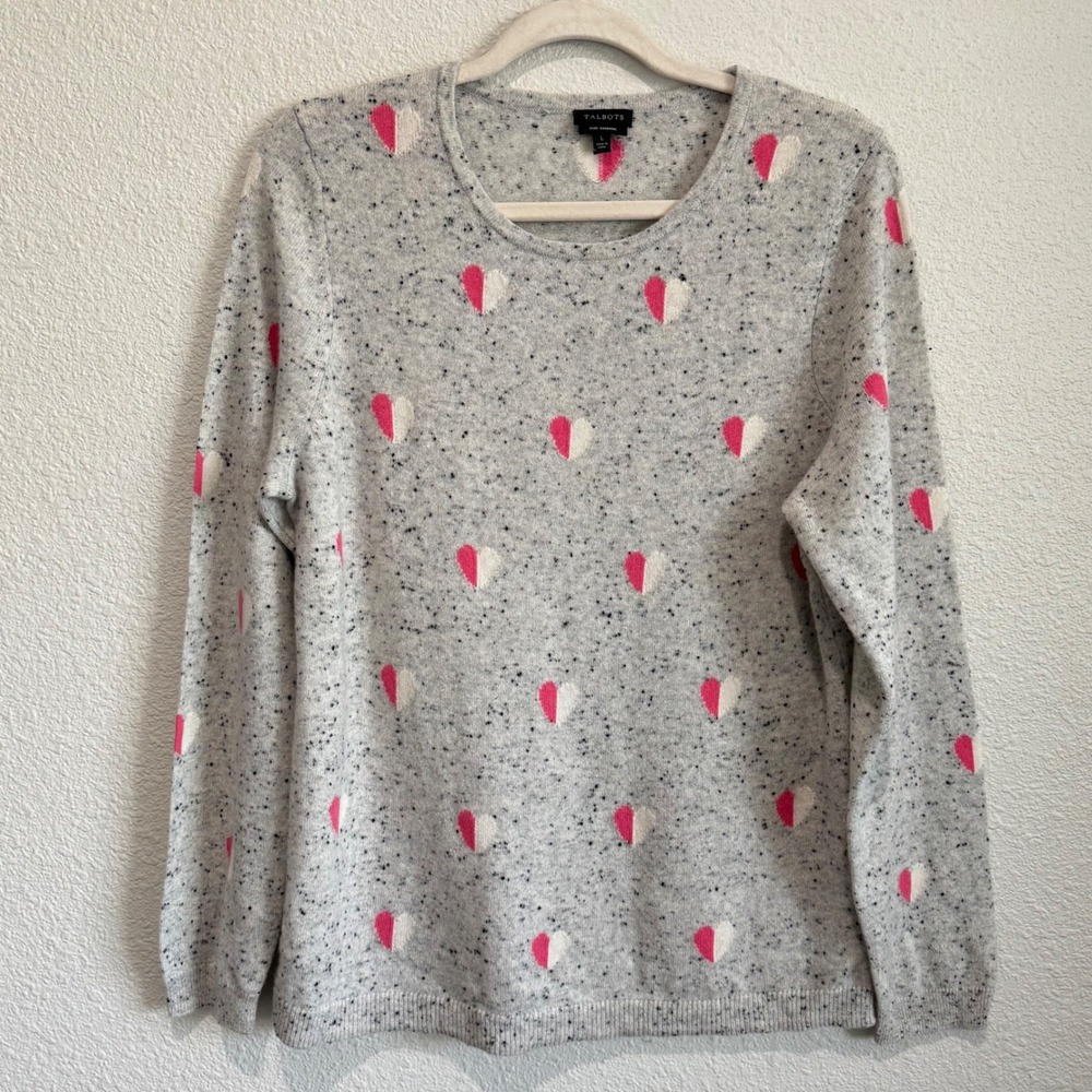 Talbots Pure Cashmere Heart Sweater Novelty L Grey Crewneck‎ Minimal Cozy Soft